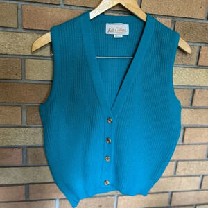 Acrylic Kate Collin’s Knit 70's Turquoise Vintage Sweater Button Front Vest